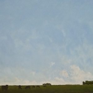 Painting Of Blue Sky And Clouds With Cattle Grazing On A Dark Field