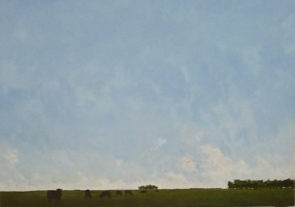 Painting Of Blue Sky And Clouds With Cattle Grazing On A Dark Field